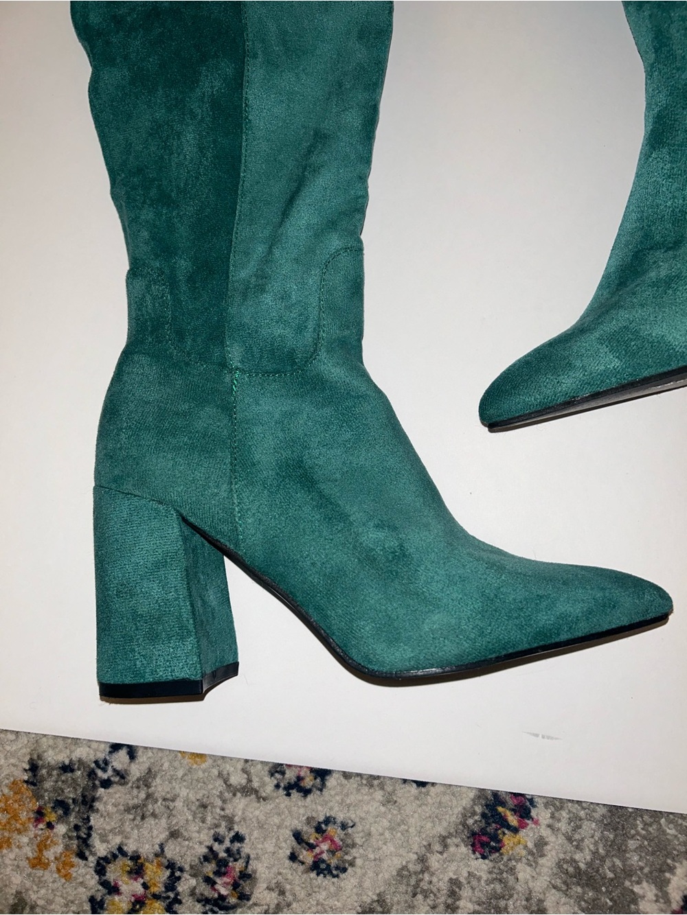 Women's Teal Suede Mid-Calf Block Heel Boots - Picture 2 of 9